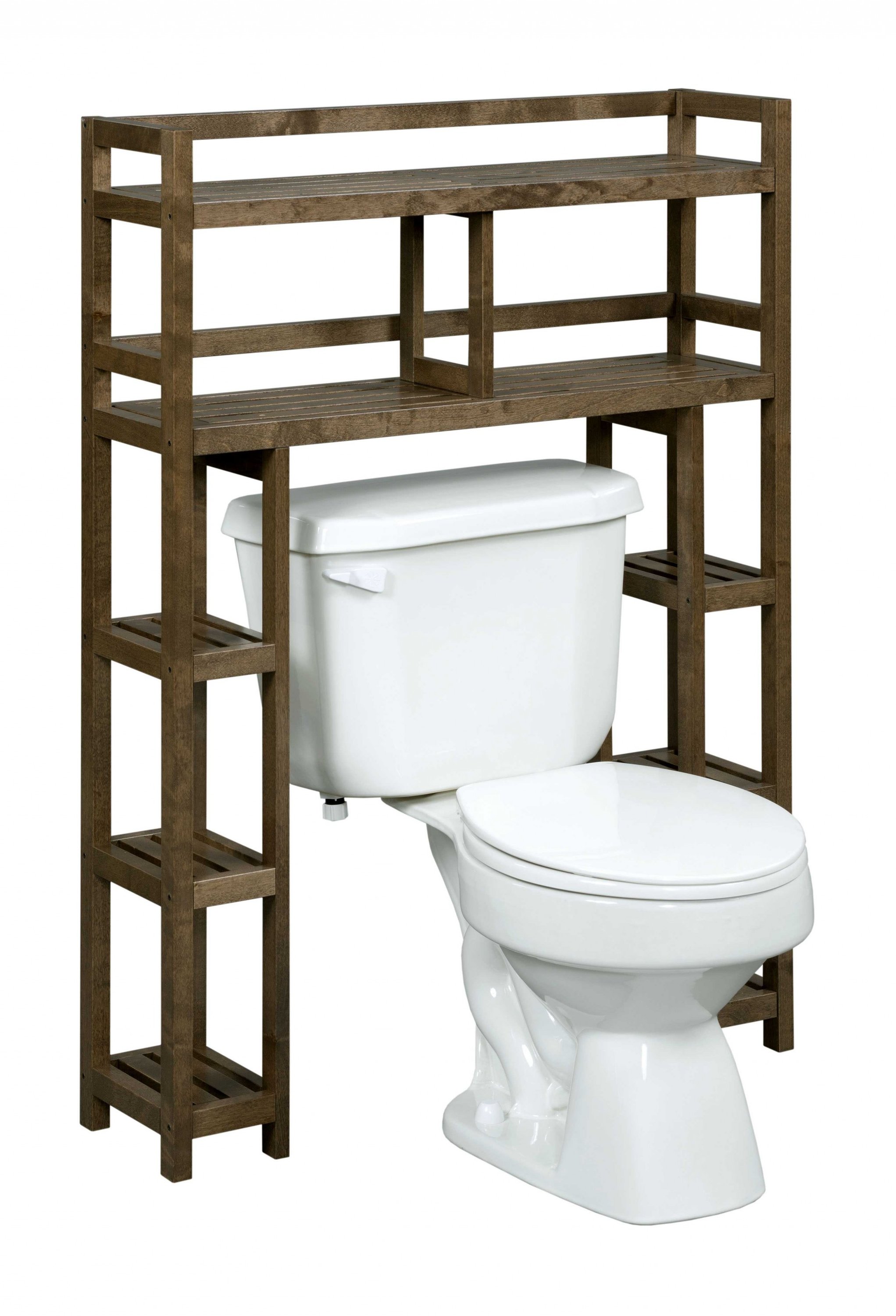 Chestnut Finish 2 Tier Solid Wood Over Toilet Organizer with side storage, showcasing its elegant design and sturdy construction.