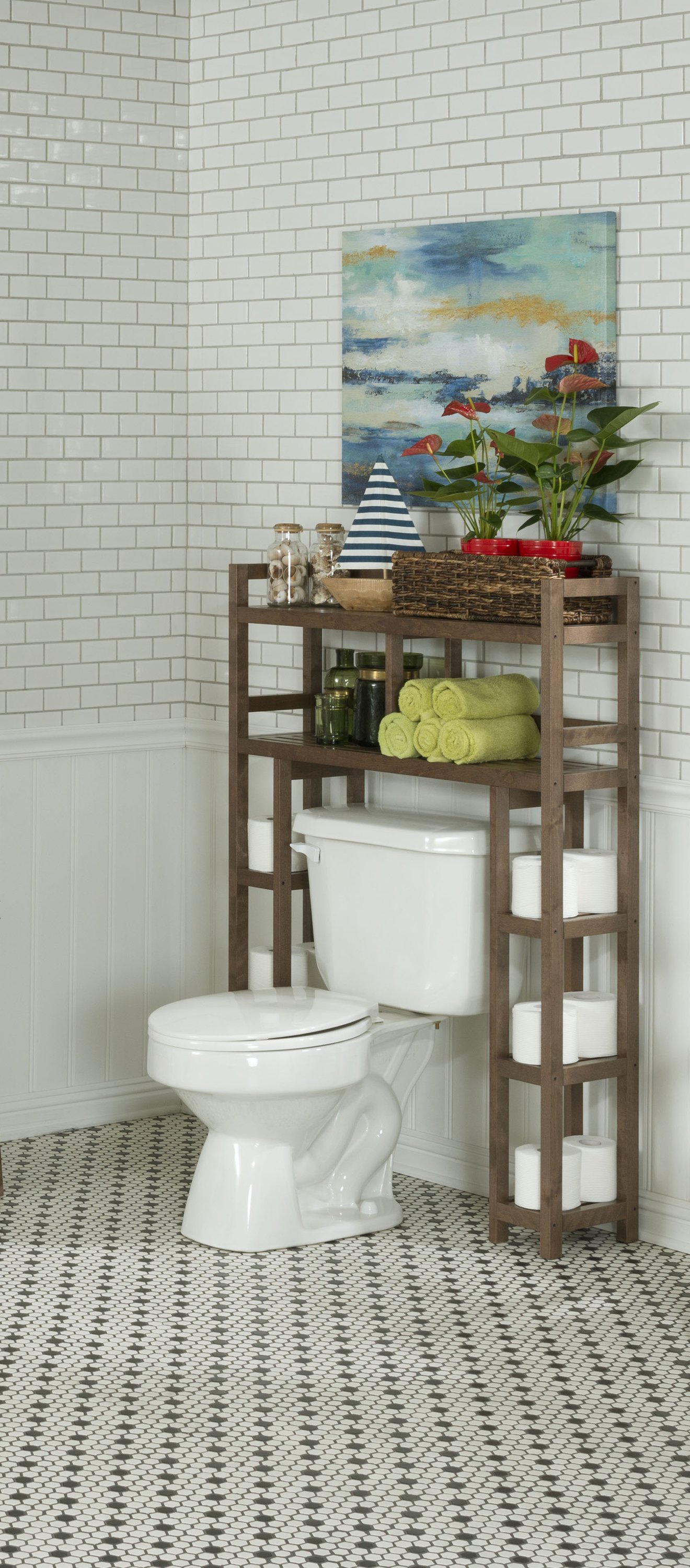 Chestnut Finish 2 Tier Solid Wood Over Toilet Organizer with side storage, showcasing its elegant design and sturdy construction.