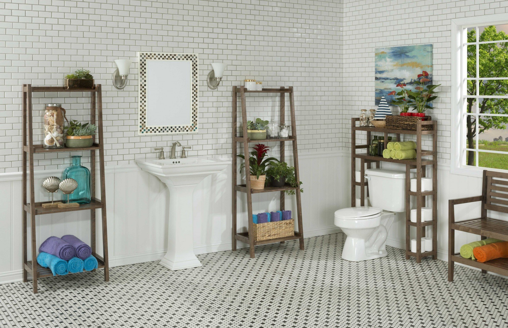 Chestnut Finish 2 Tier Solid Wood Over Toilet Organizer with side storage, showcasing its elegant design and sturdy construction.