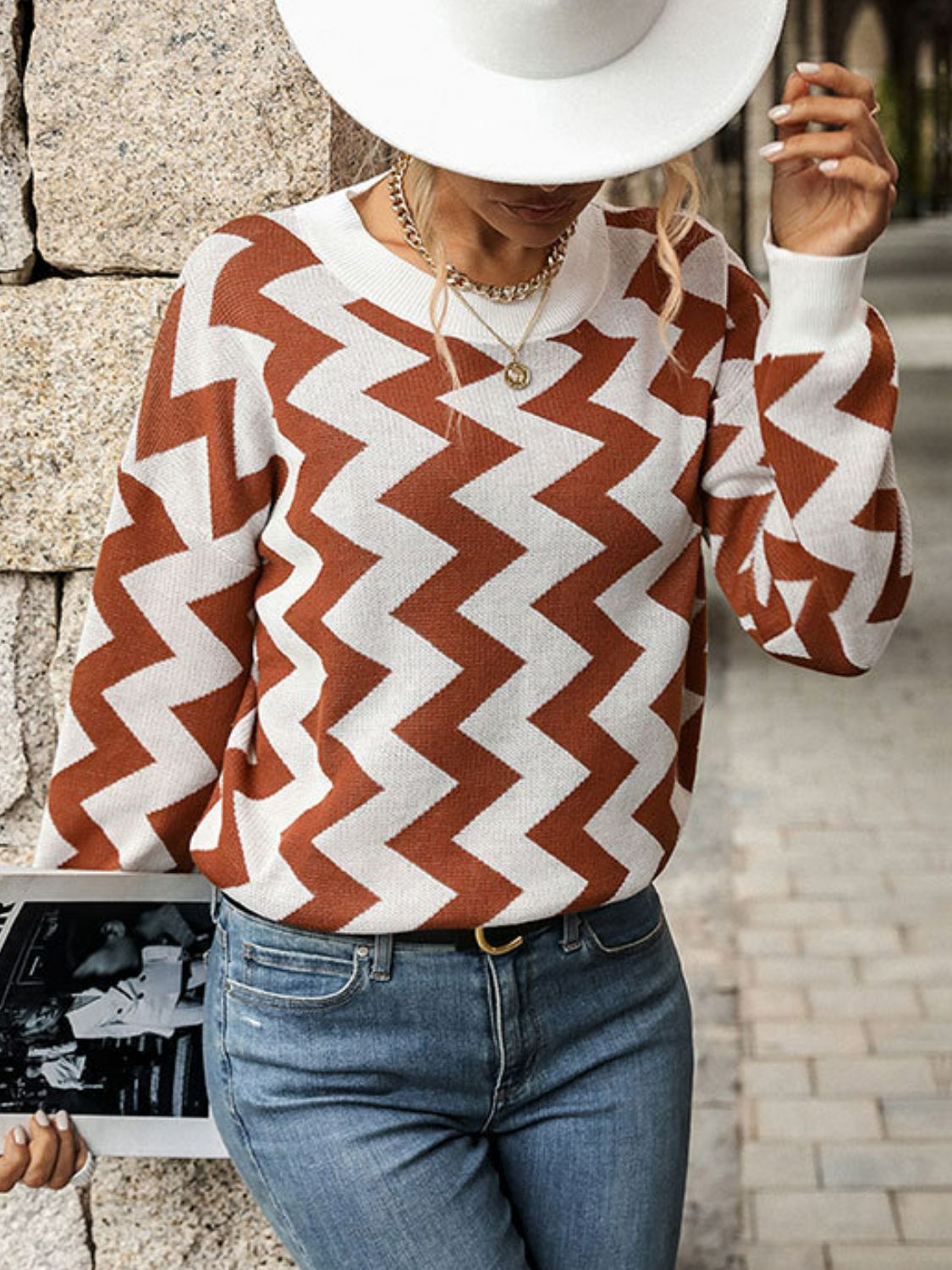 Chevron Ribbed Trim Dropped Shoulder Sweater featuring a stylish chevron pattern, dropped shoulders, and long sleeves in a cozy fit.