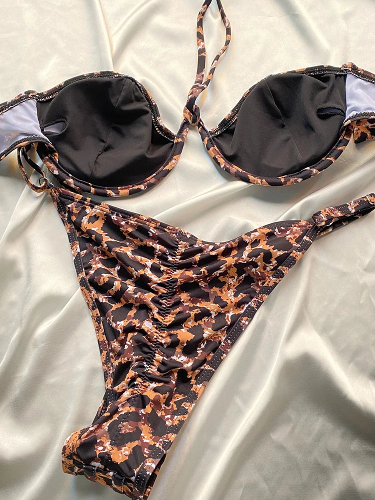 Chic Bae Two Piece Swimsuit featuring solid and leopard prints, designed for summer 2024 with underwire support and adjustable cups.