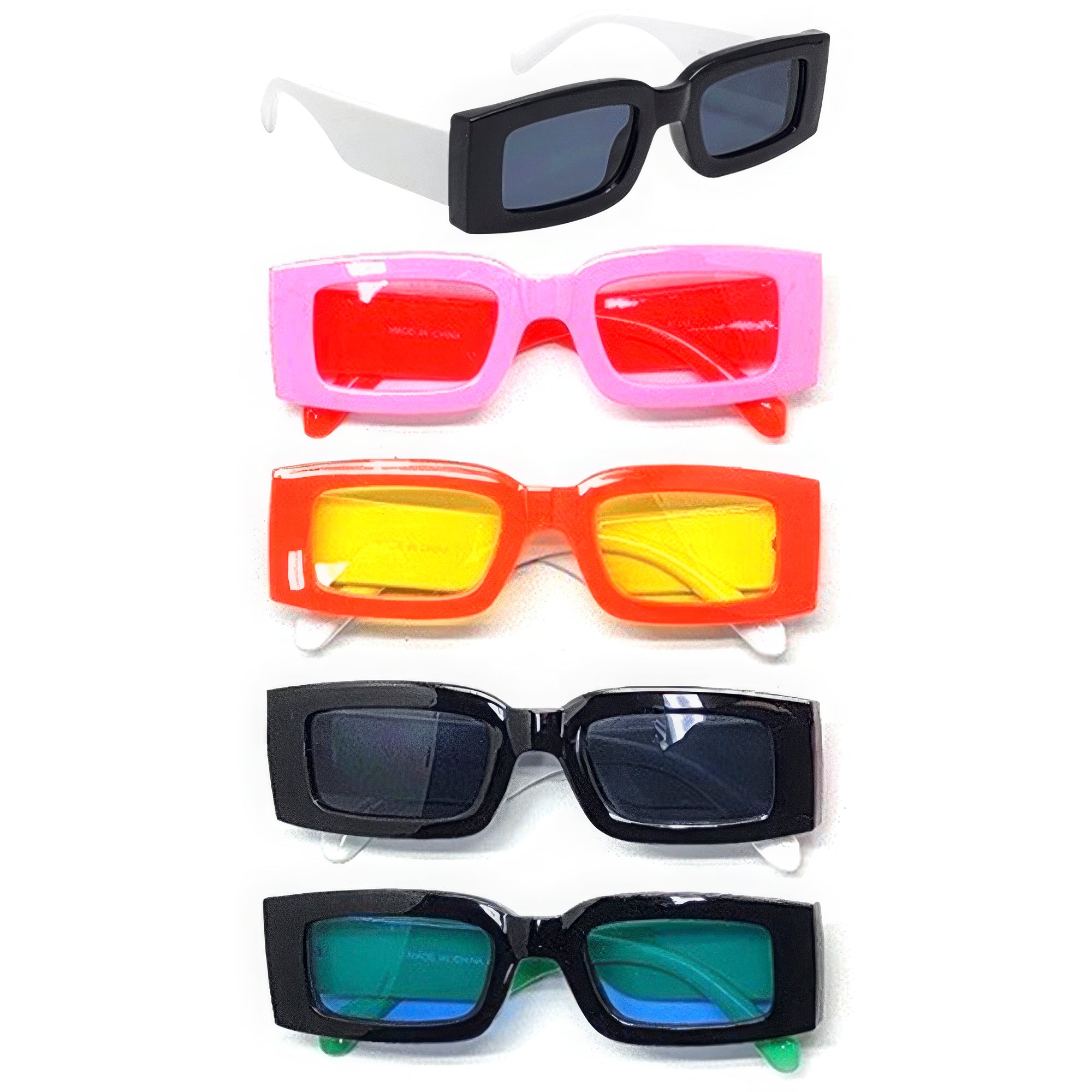 Chic Square Sunglasses in Black/White, Pink, Orange, and Green, showcasing stylish square frames and scratch-resistant lenses.