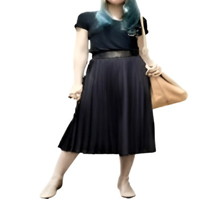 Chic two-piece outfit featuring a silky pleated skirt and a Black Prada T-shirt, perfect for stylish occasions.