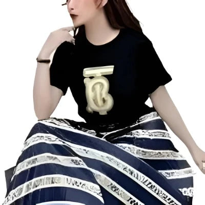 Chic Women's Two Pieces T-shirt and Long Pleated Skirt Set featuring Burberry design, showcasing a stylish pleated skirt and matching T-shirt.