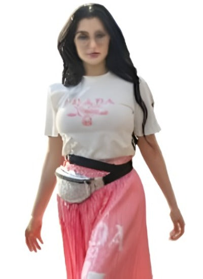 Chic Women's Two Pieces T-shirt & Pleated Silky Skirt in Prada Pink, featuring a stylish pleated design and a white T-shirt.