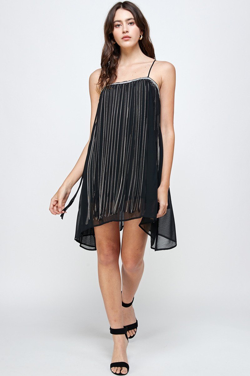 A stylish Micro Chain Fringe Dress featuring intricate fringe detailing, perfect for parties and special occasions.