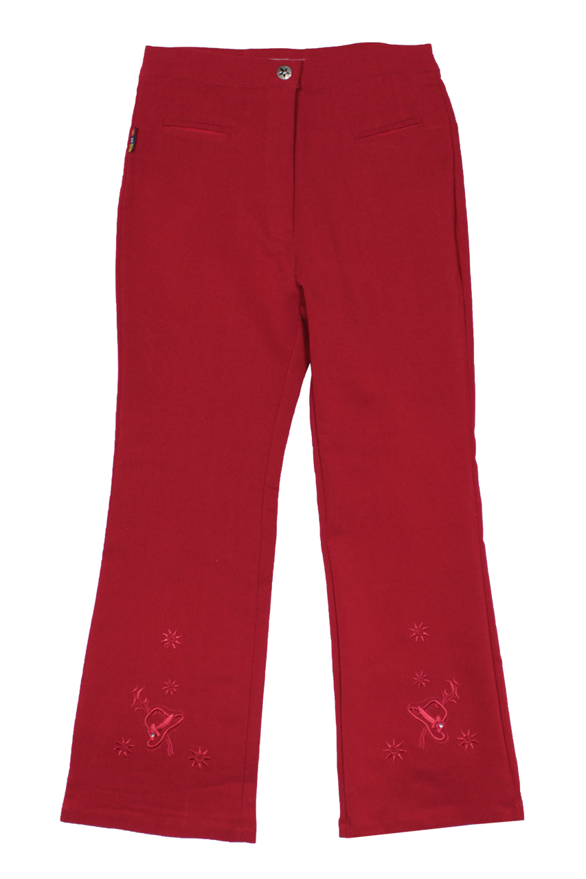 Children's trousers in bordo color featuring decorative embroidery at the bottom, made from high-quality cotton with a slight flare.