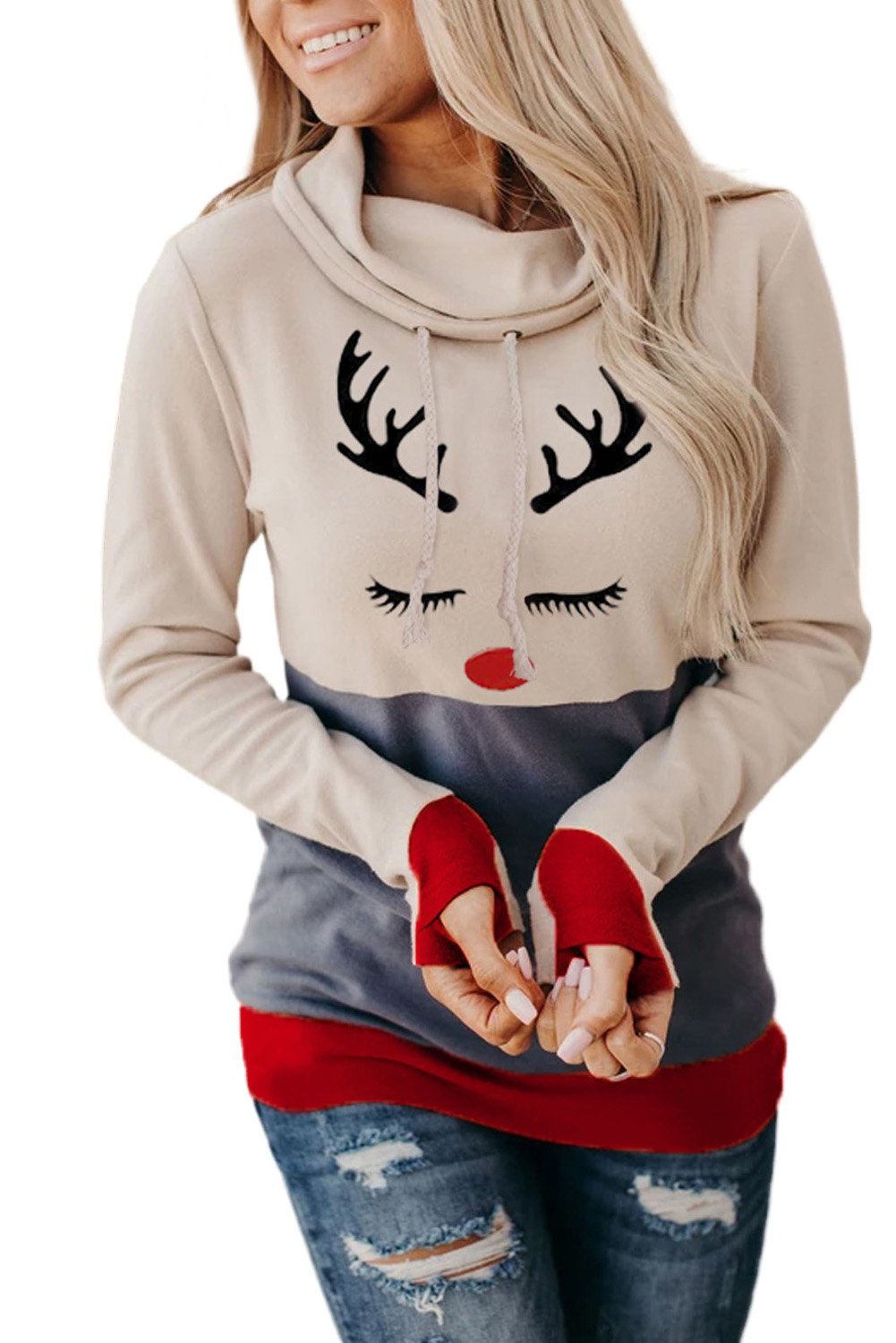 A vibrant Christmas Print Hoodie featuring a colorful block design and a charming elk print, complete with trendy thumb holes for added warmth.