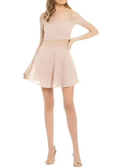 City Vibe Off-the-Shoulder Two-Piece Dress featuring lace bodice and skirt, elegant scalloped waist, and cap sleeves.