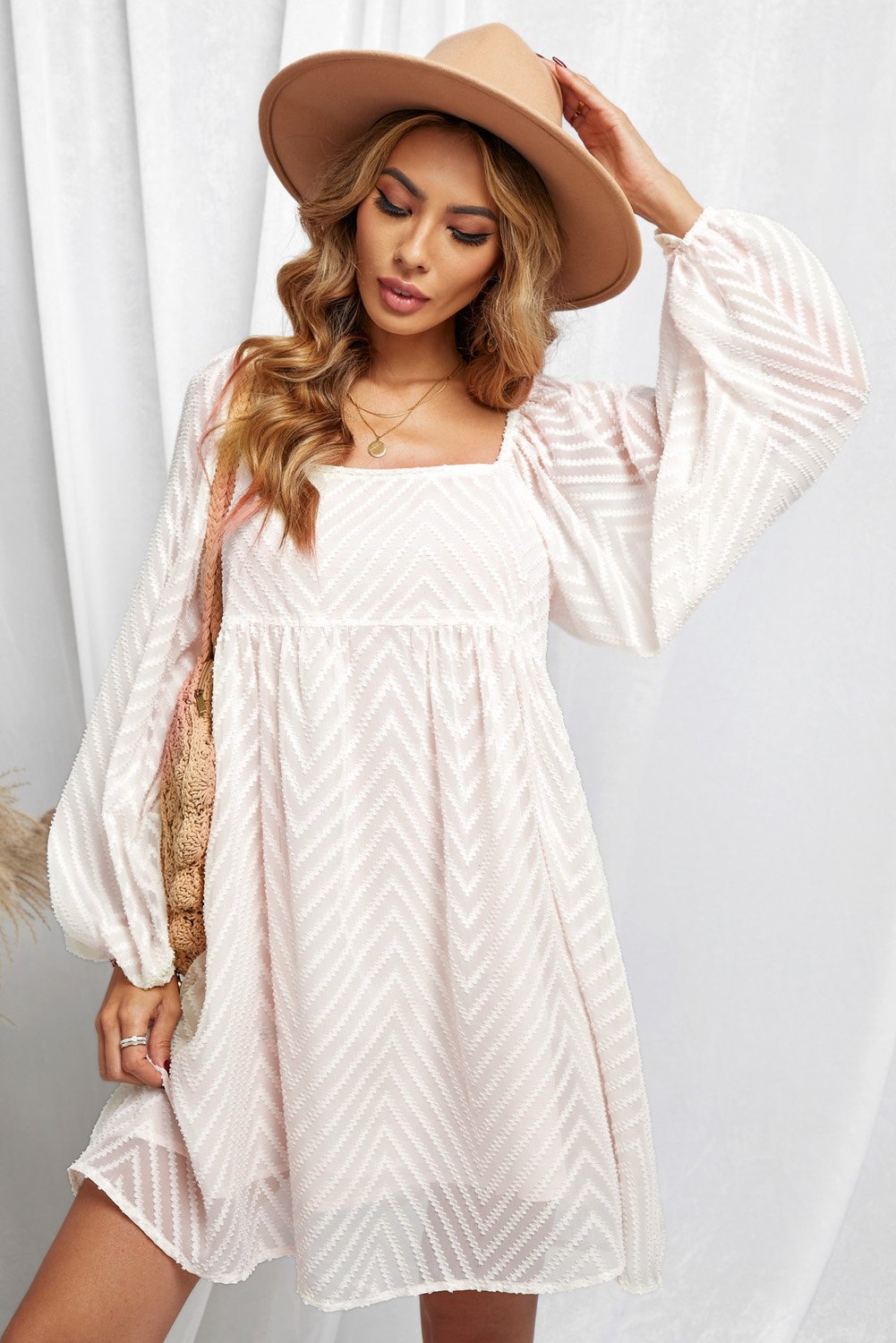 Classic Apricot Square Neck Puff Sleeve Babydoll Dress featuring girly puffed sleeves and a stylish square neckline.