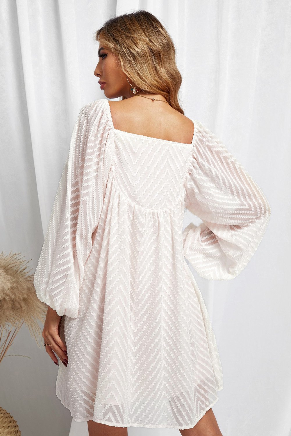 Classic Apricot Square Neck Puff Sleeve Babydoll Dress featuring girly puffed sleeves and a stylish square neckline.