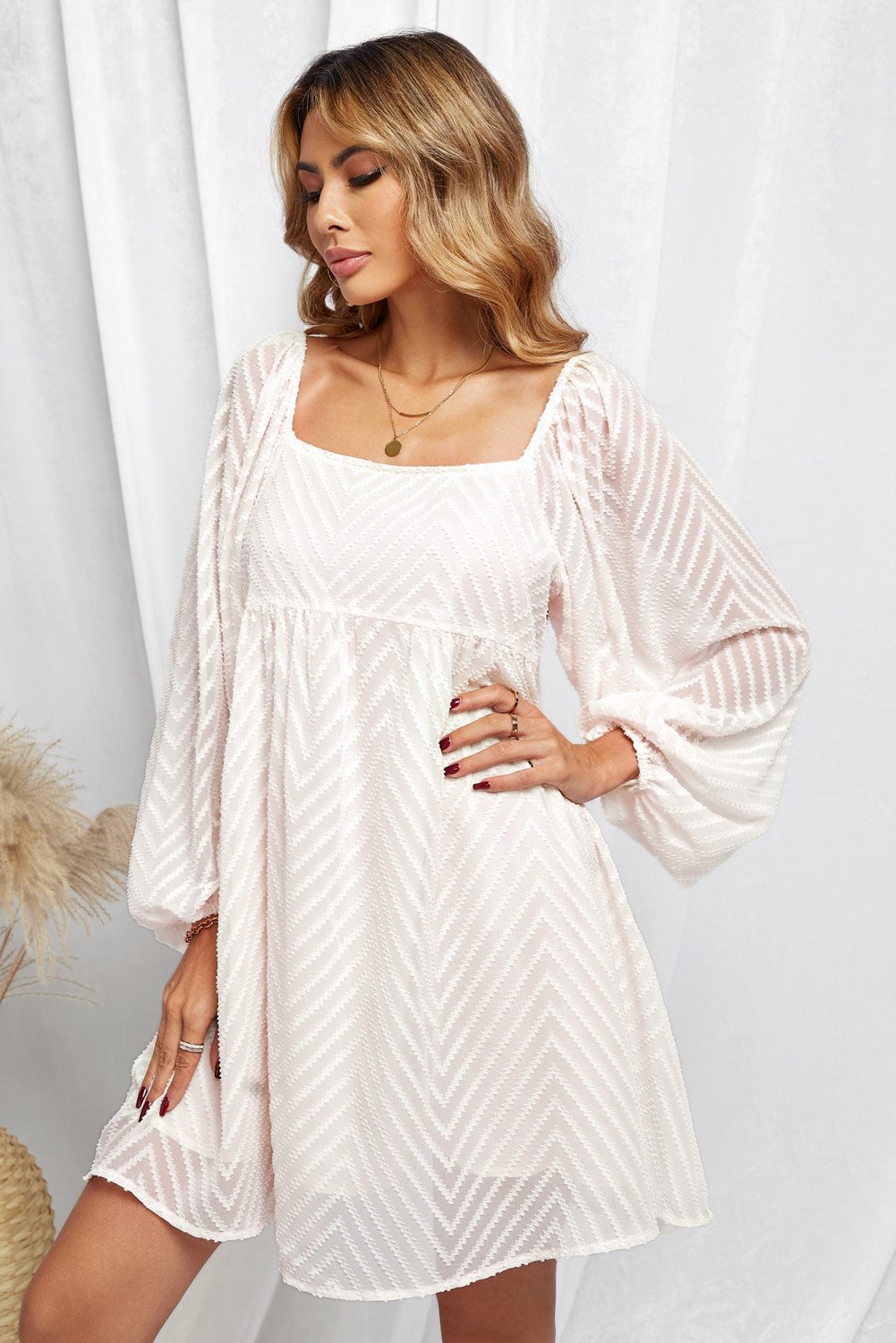 Classic Apricot Square Neck Puff Sleeve Babydoll Dress featuring girly puffed sleeves and a stylish square neckline.