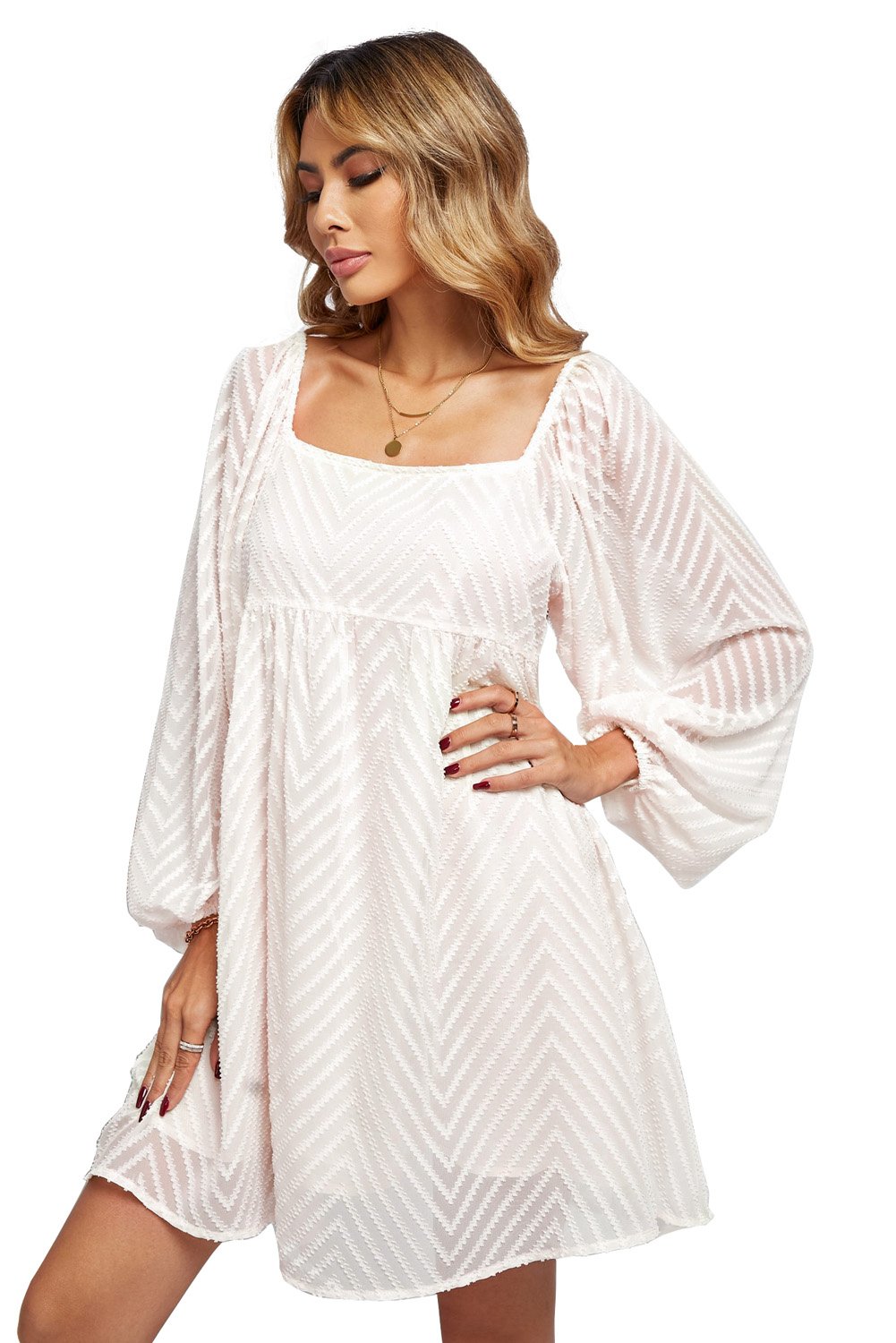Classic Apricot Square Neck Puff Sleeve Babydoll Dress featuring girly puffed sleeves and a stylish square neckline.