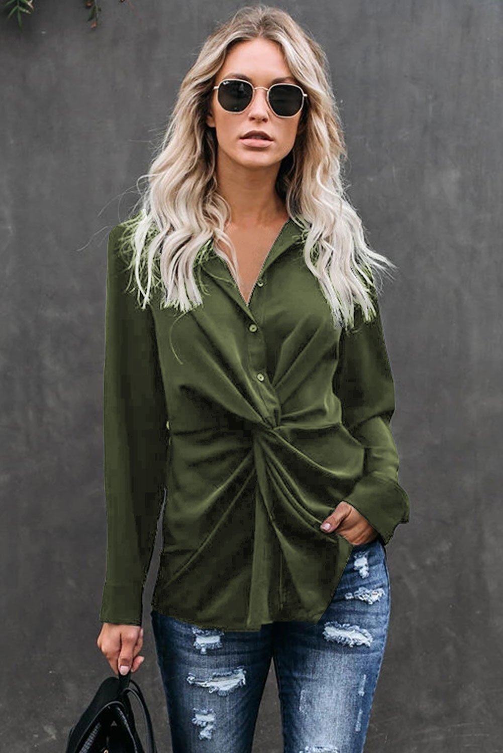 Classic Styles Green Button Down Twist Blouse featuring a twist knot detail and button cuffed long sleeves, perfect for office or casual wear.