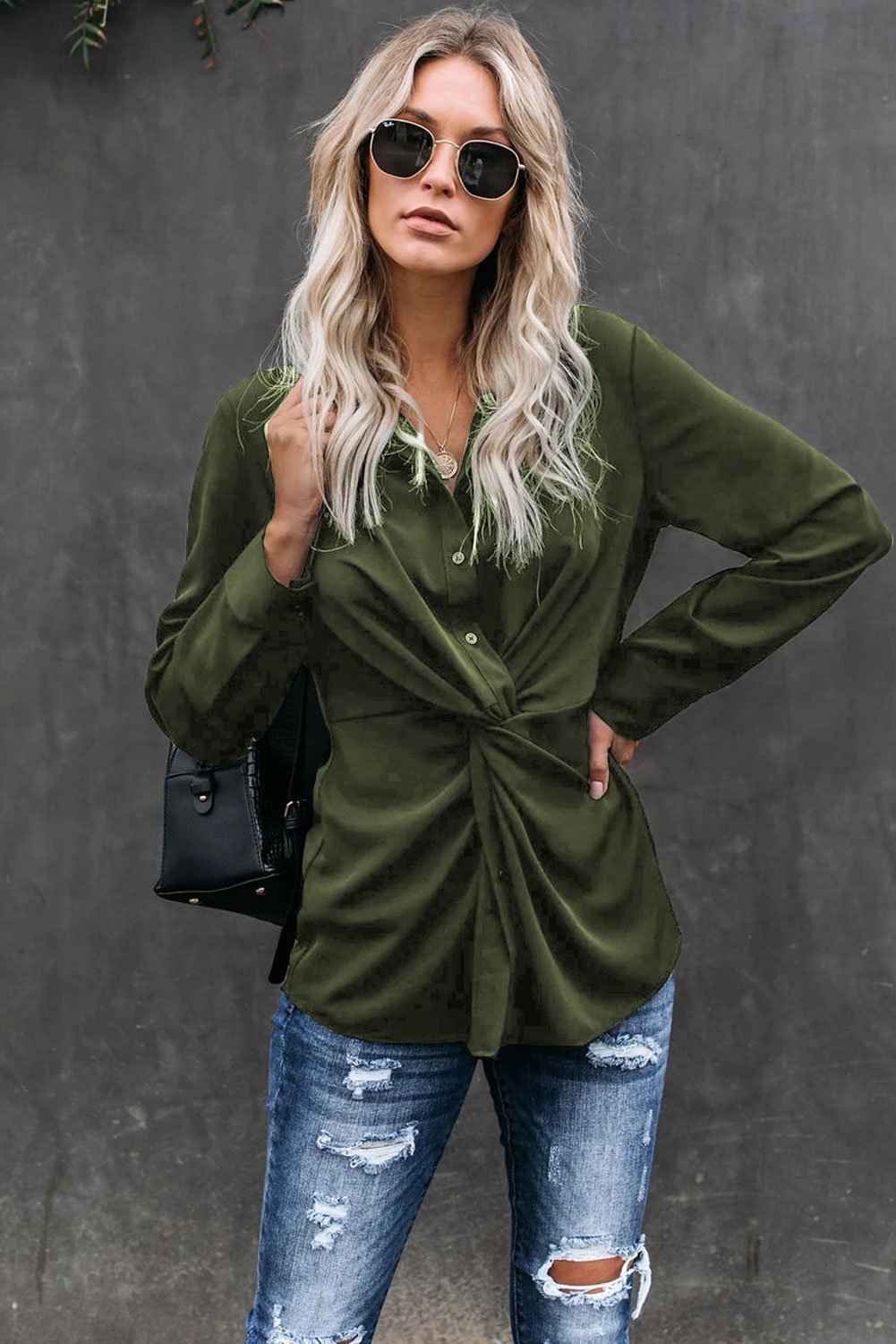 Classic Styles Green Button Down Twist Blouse featuring a twist knot detail and button cuffed long sleeves, perfect for office or casual wear.