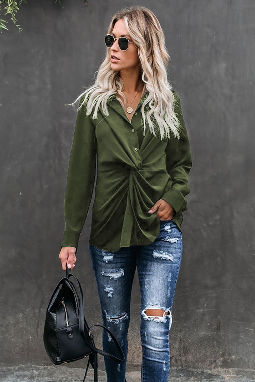 Classic Styles Green Button Down Twist Blouse featuring a twist knot detail and button cuffed long sleeves, perfect for office or casual wear.