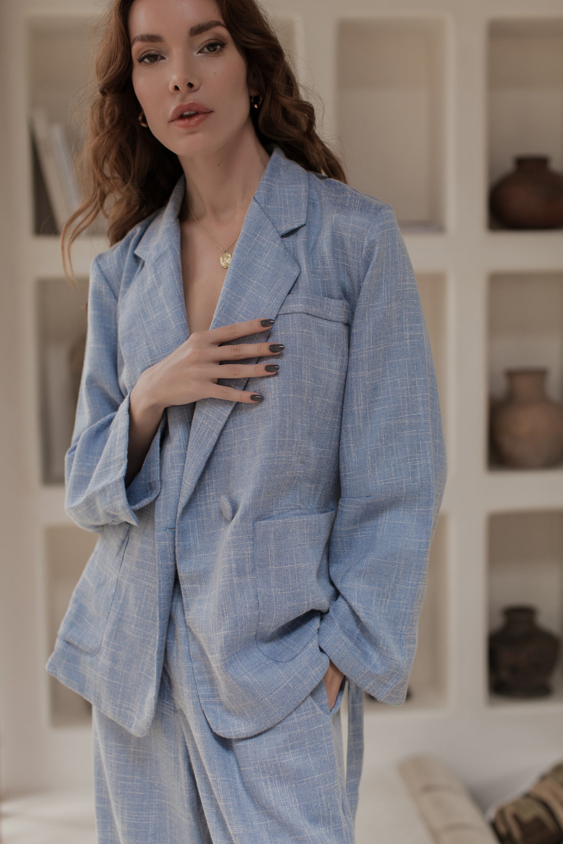 Coco Cotton Belted Blazer in Latte and Skyline colors, showcasing structured shoulders and matching tie belt.
