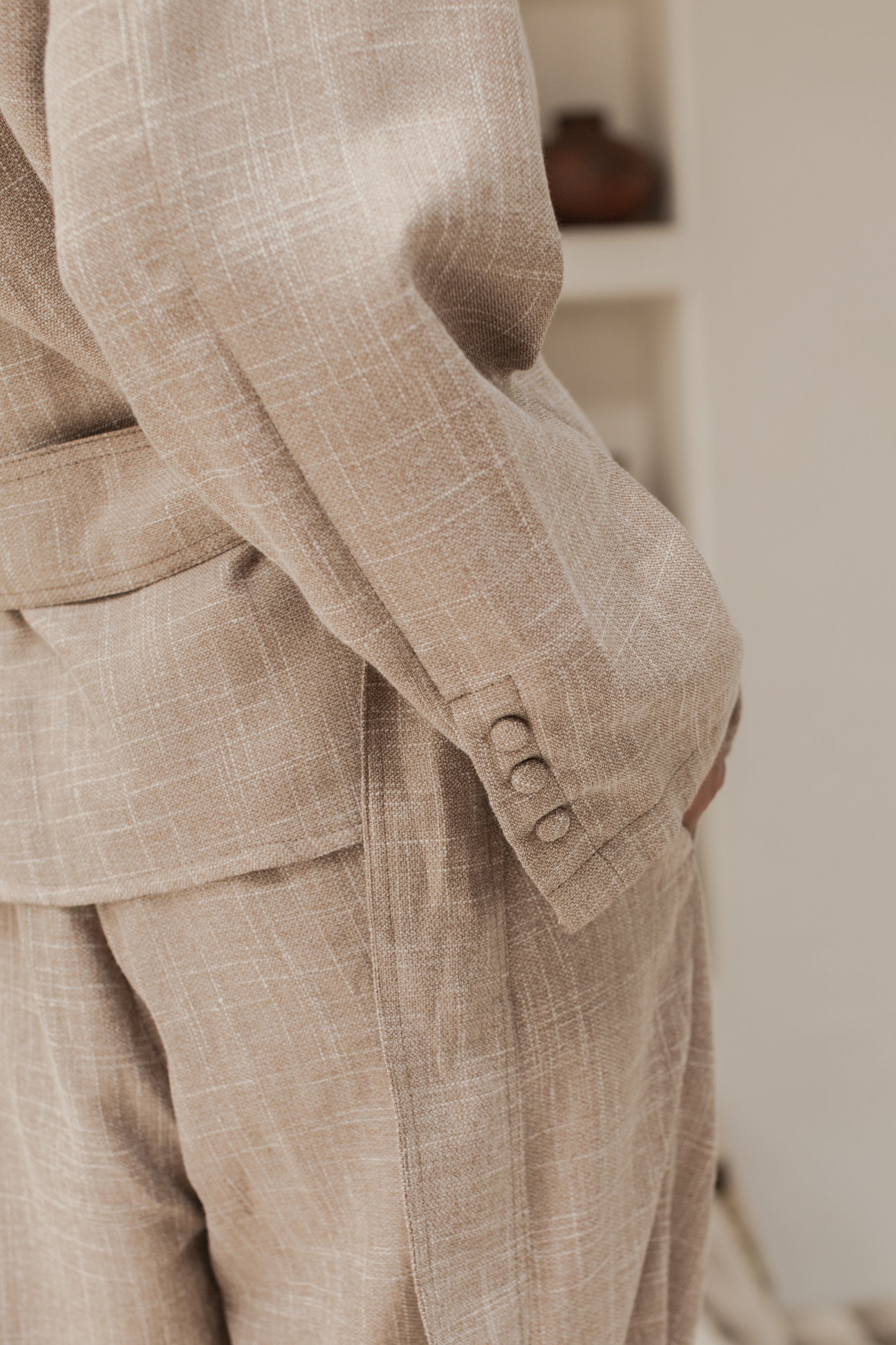 Coco Cotton Belted Blazer in Latte and Skyline colors, showcasing structured shoulders and matching tie belt.