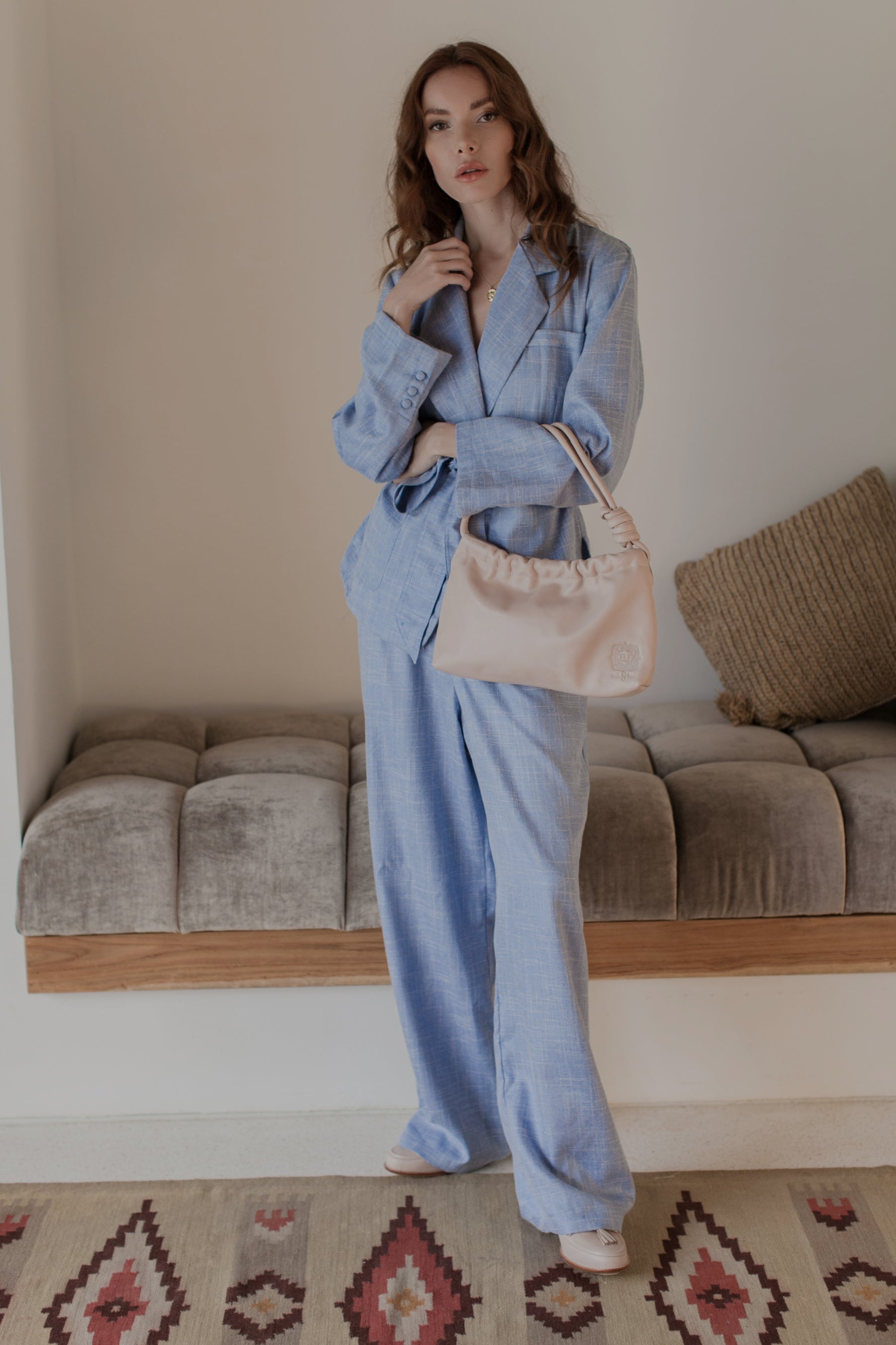 Coco Cotton Belted Blazer in Latte and Skyline colors, showcasing structured shoulders and matching tie belt.