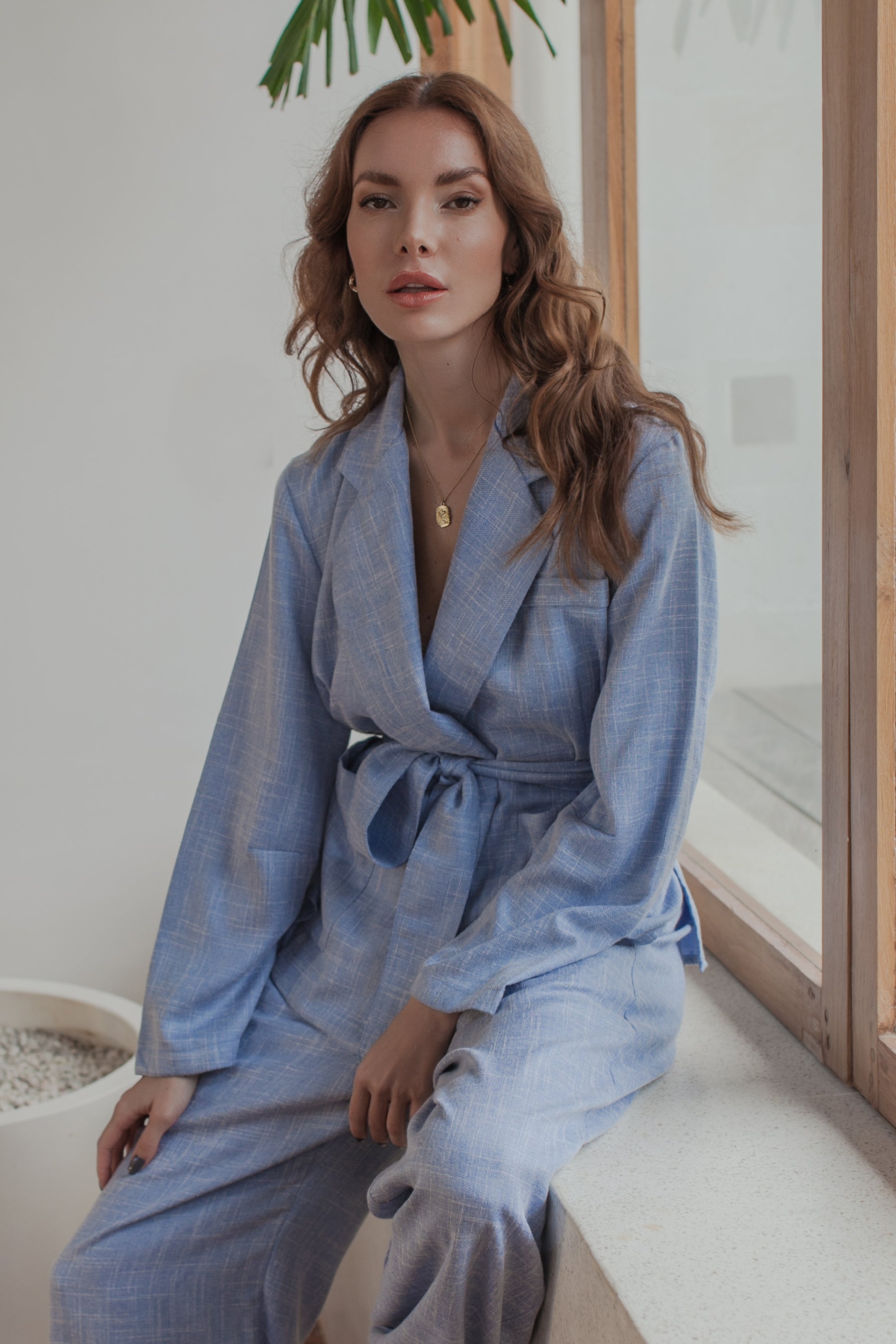 Coco Cotton Belted Blazer in Latte and Skyline colors, showcasing structured shoulders and matching tie belt.