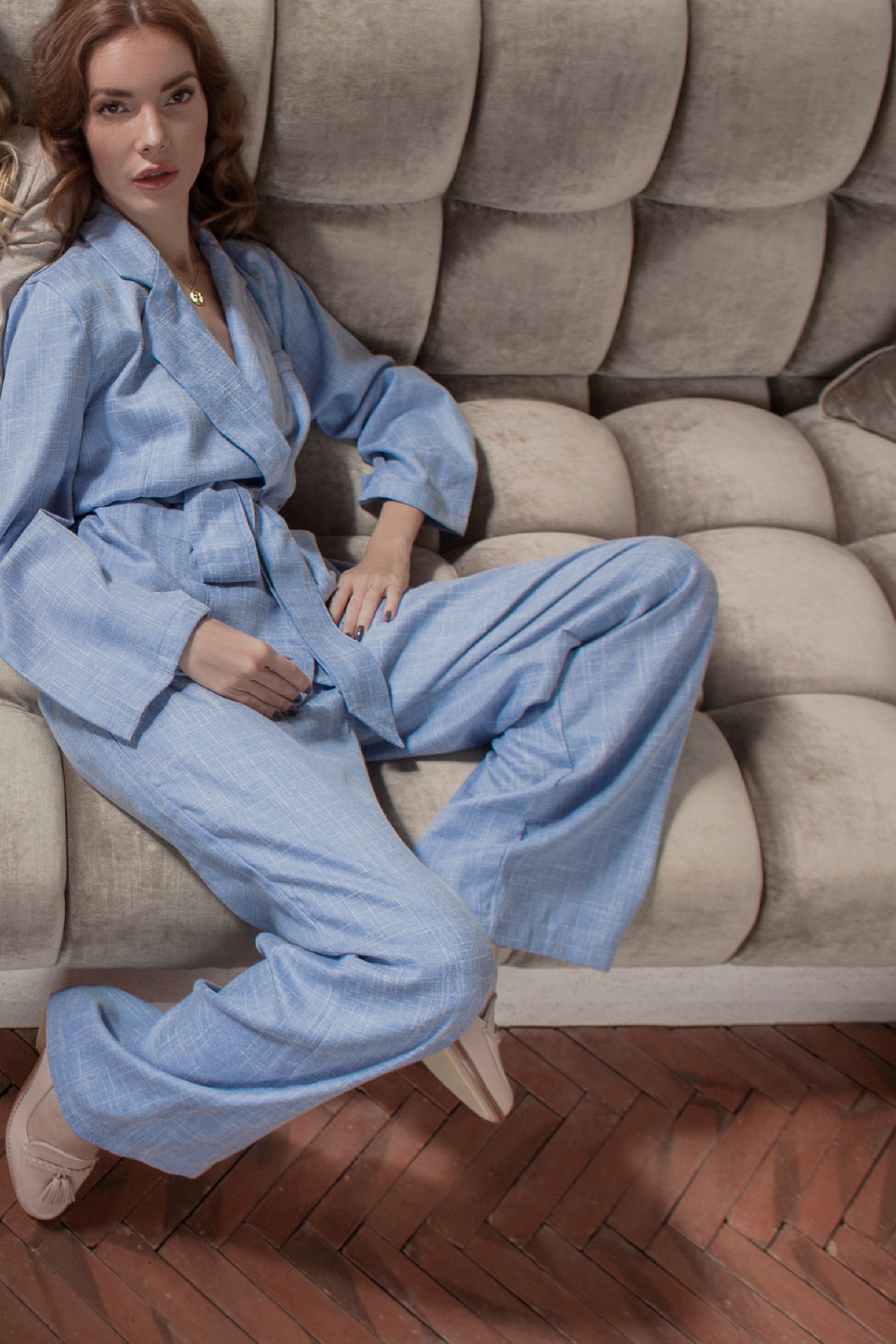 Coco Cotton Wide-Leg Pants in Latte and Skyline colors, showcasing organic cotton fabric and elasticated waist design.