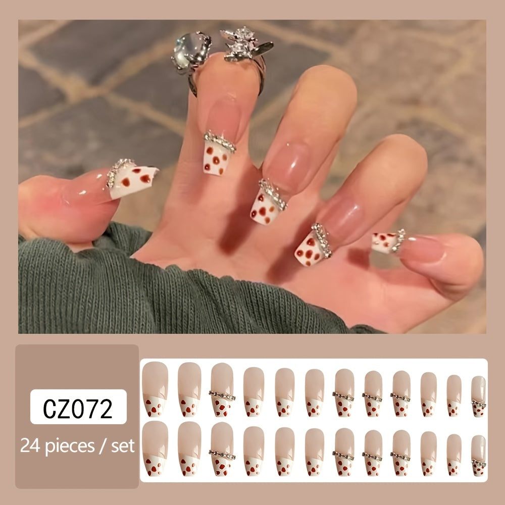 Coffin long fake nails with glitter and rhinestones, featuring a shimmery polka dot design, perfect for stylish manicures.