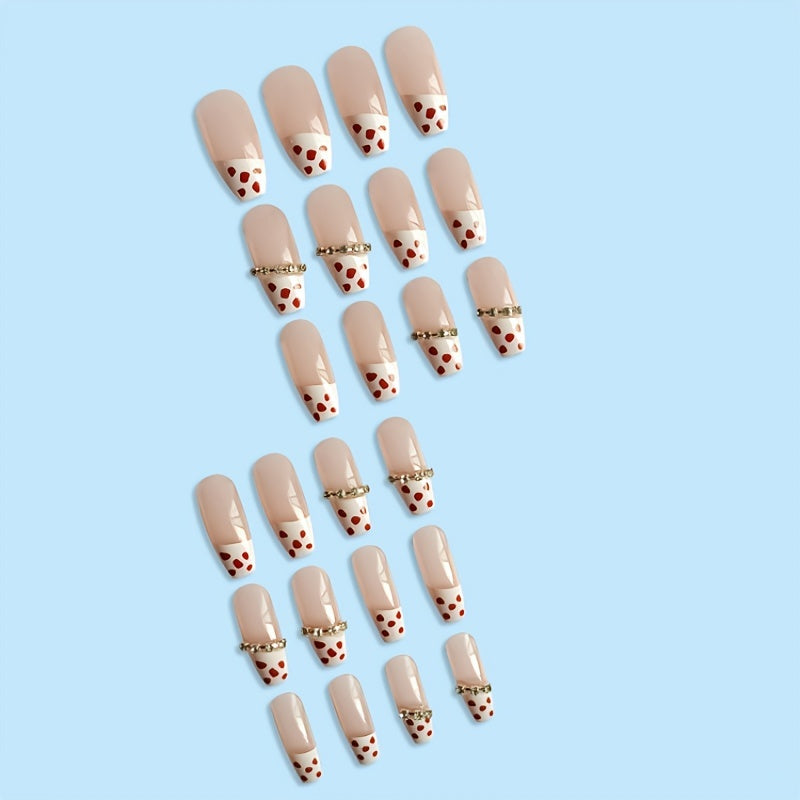 Coffin long fake nails with glitter and rhinestones, featuring a shimmery polka dot design, perfect for stylish manicures.