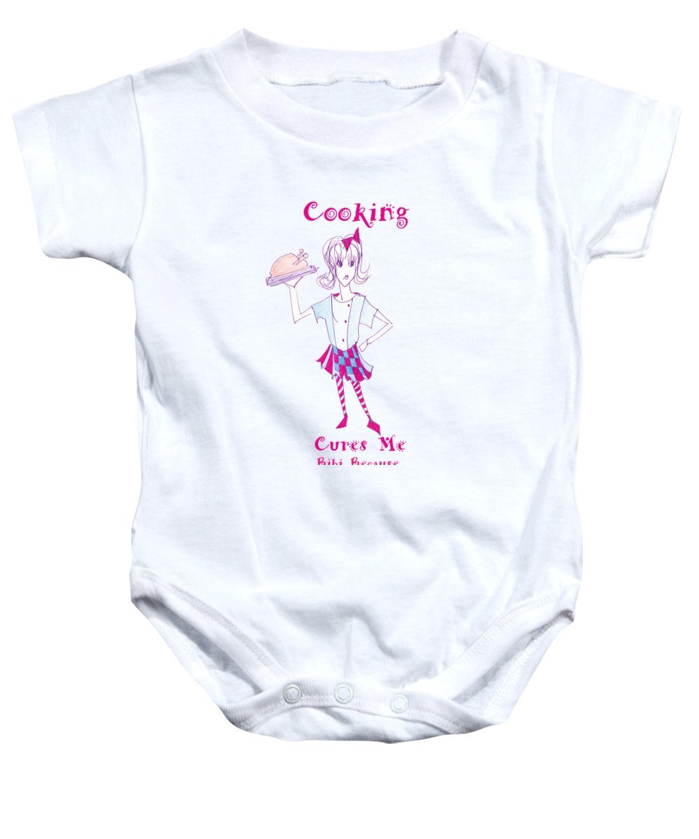 Cooking Cures Me Bibi Baby Onesie made from 100% pre-shrunk cotton, featuring a playful design and available in multiple sizes.