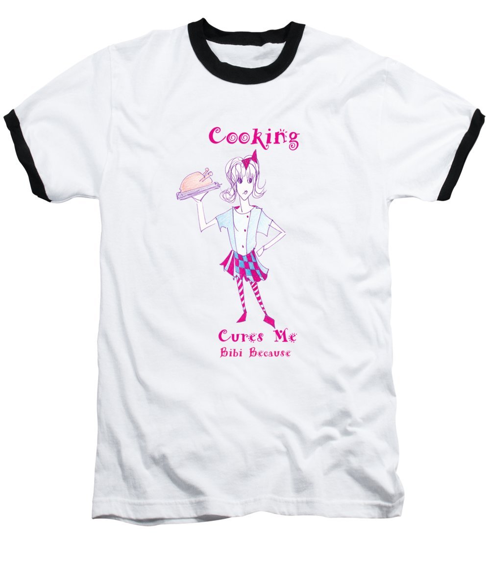 Cooking Cures Me Bibi Baseball T-Shirt in ringer style, made from 100% pre-shrunk cotton, showcasing its comfortable fit and stylish design.