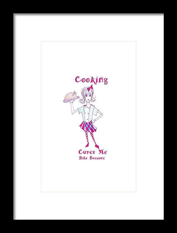 Framed print of 'Cooking Cures Me Bibi' showcasing vibrant colors and elegant design, ready to hang.
