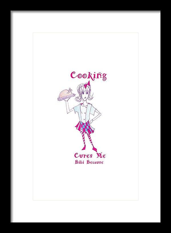 Framed print of 'Cooking Cures Me Bibi' showcasing vibrant colors and elegant design, ready to hang.
