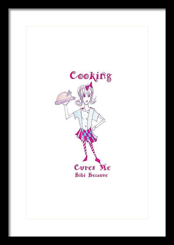 Framed print of 'Cooking Cures Me Bibi' showcasing vibrant colors and elegant design, ready to hang.