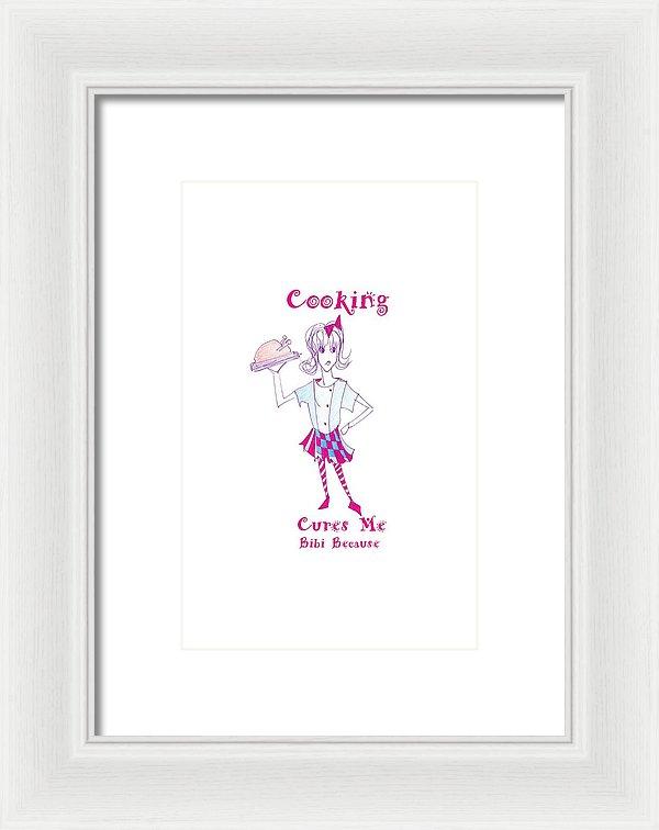 Framed print of 'Cooking Cures Me Bibi' showcasing vibrant colors and elegant design, ready to hang.