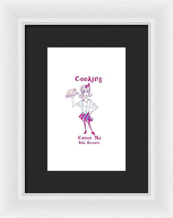 Framed print of 'Cooking Cures Me Bibi' showcasing vibrant colors and elegant design, ready to hang.