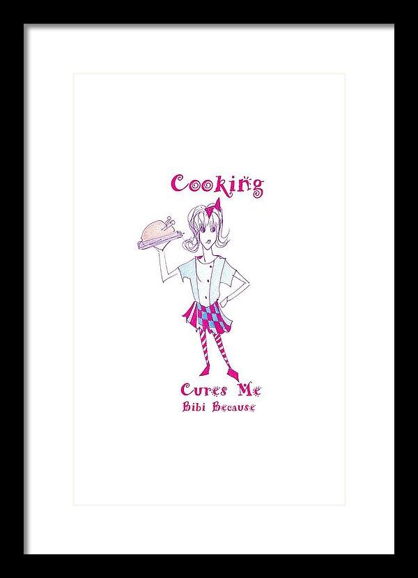 Framed print of 'Cooking Cures Me Bibi' featuring vibrant colors and a stylish frame, ready to hang on the wall.