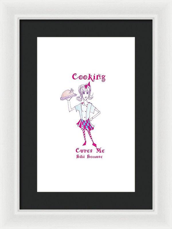 Framed print of 'Cooking Cures Me Bibi' featuring vibrant colors and a stylish frame, ready to hang on the wall.