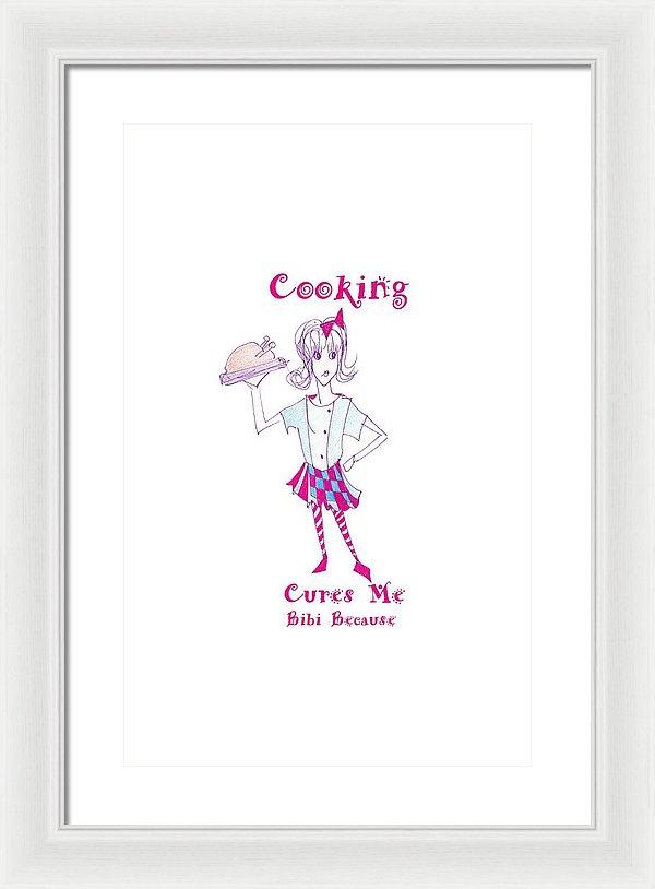 Framed print of 'Cooking Cures Me Bibi' featuring vibrant colors and a stylish frame, ready to hang on the wall.
