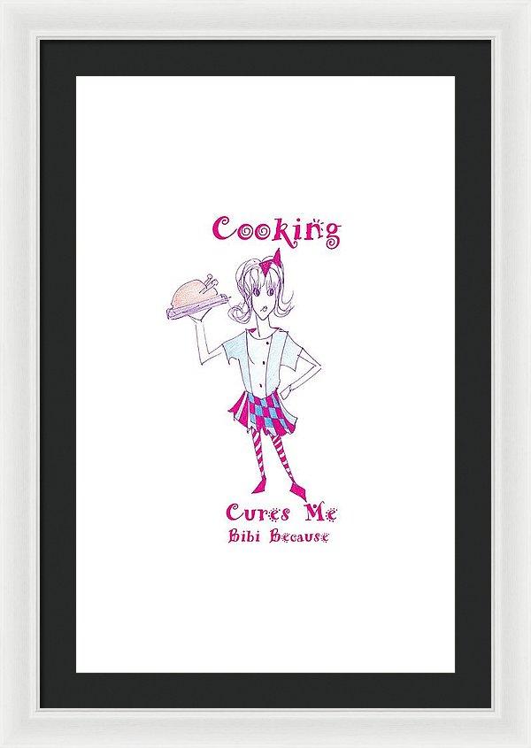 Framed print of 'Cooking Cures Me Bibi' featuring vibrant colors and a stylish frame, ready to hang on the wall.