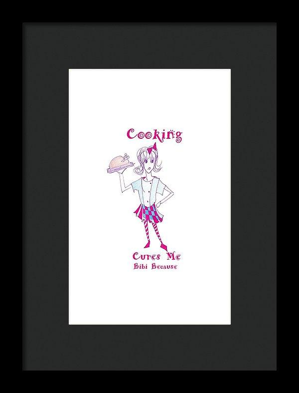 Framed print of 'Cooking Cures Me Bibi' featuring vibrant colors and a stylish frame, ready to hang on the wall.