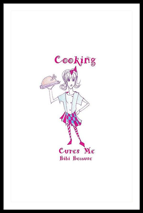Framed print of 'Cooking Cures Me Bibi' featuring vibrant colors and a stylish frame, ready to hang on the wall.