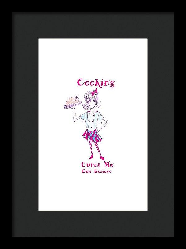 Framed print of 'Cooking Cures Me Bibi' featuring vibrant colors and a stylish frame, ready to hang on the wall.