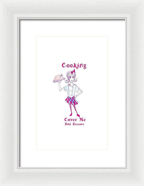 Framed print of 'Cooking Cures Me Bibi' featuring vibrant colors and a stylish frame, ready to hang on the wall.