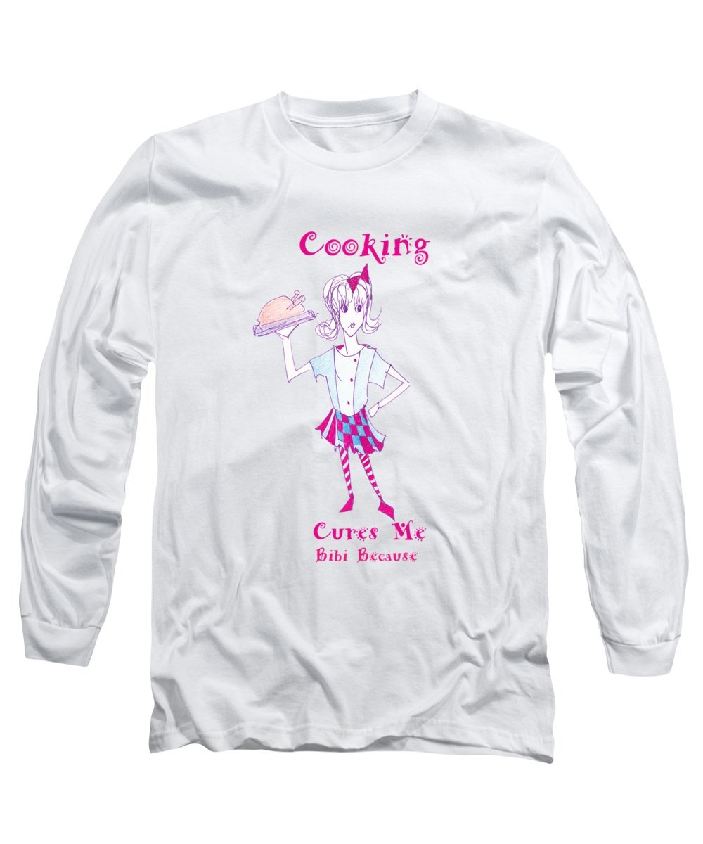 Cooking Cures Me Bibi long sleeve t-shirt in various sizes, showcasing its soft fabric and stylish design.