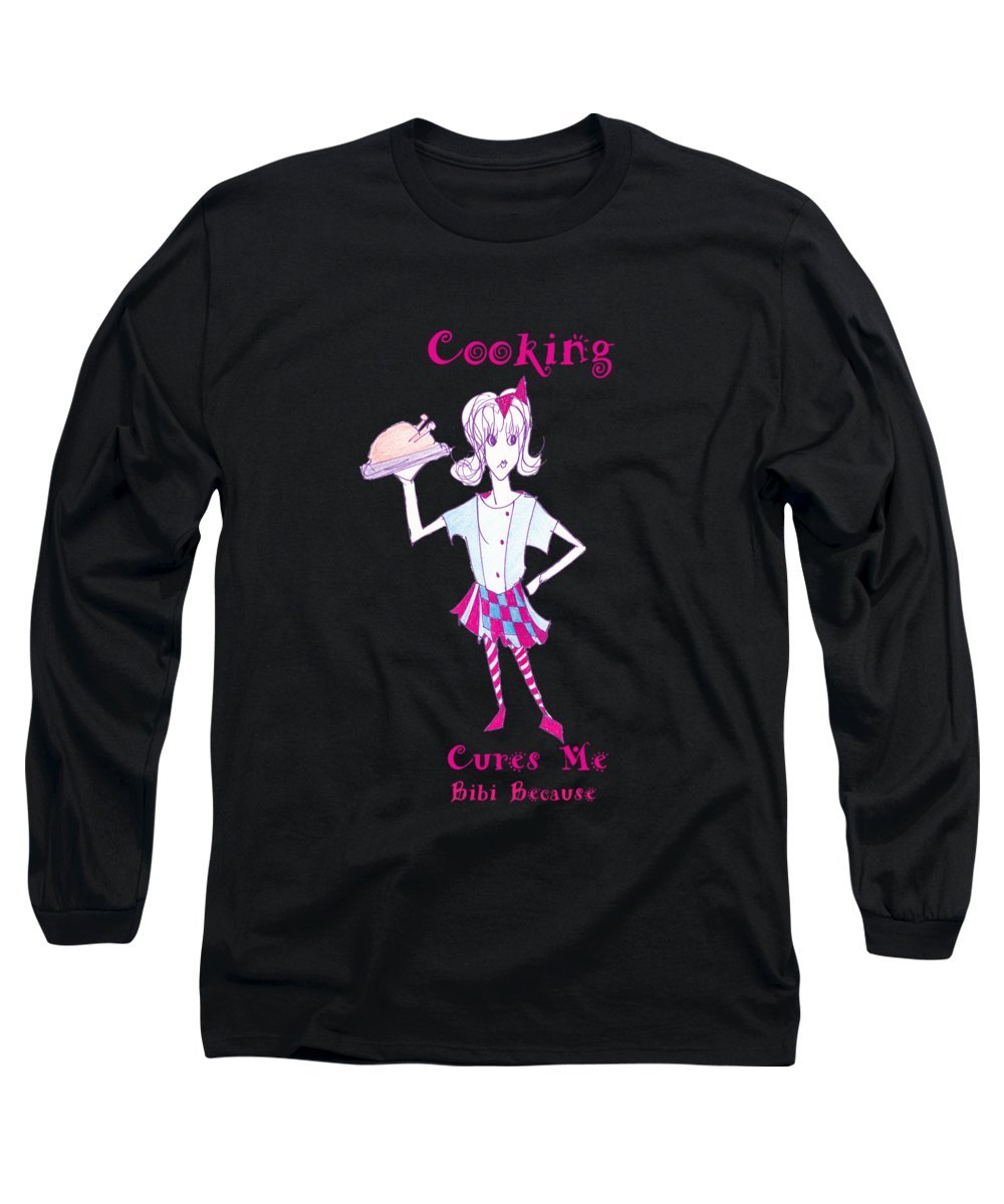 Cooking Cures Me Bibi long sleeve t-shirt in various sizes, showcasing its soft fabric and stylish design.