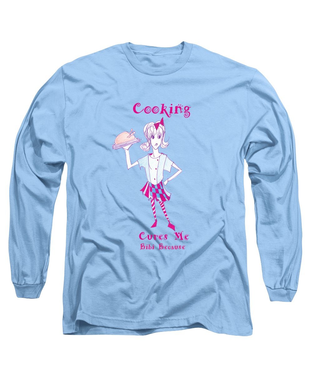 Cooking Cures Me Bibi long sleeve t-shirt in various sizes, showcasing its comfortable fabric and stylish design.