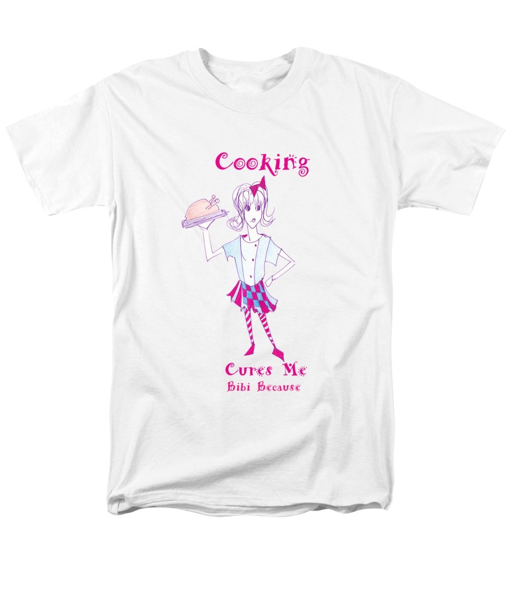 Men's t-shirt featuring the slogan 'Cooking Cures Me Bibi' in a stylish design, made from a cotton-polyester blend.