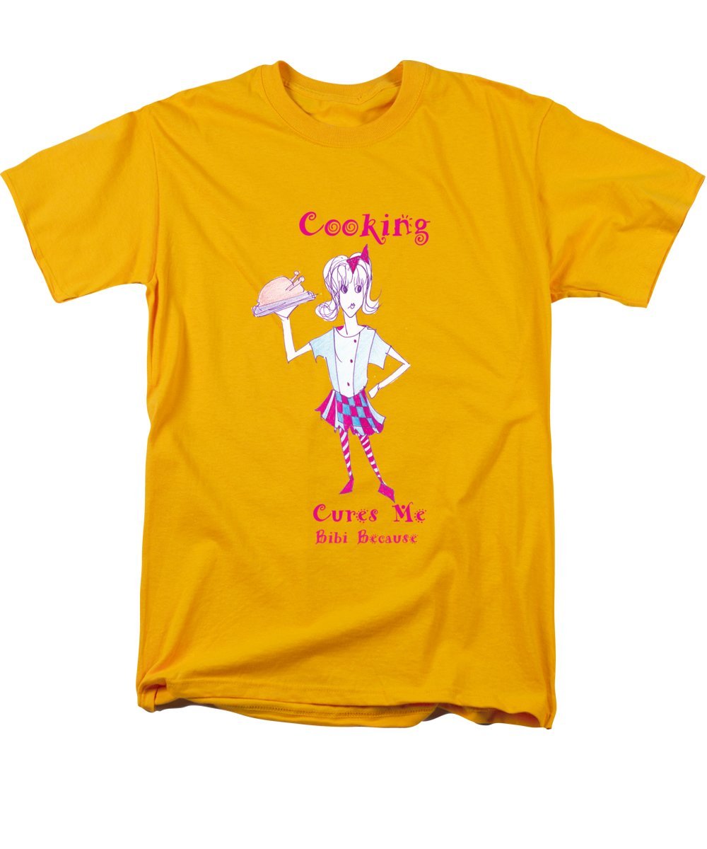 Men's t-shirt featuring the slogan 'Cooking Cures Me Bibi' in a stylish design, made from a cotton-polyester blend.