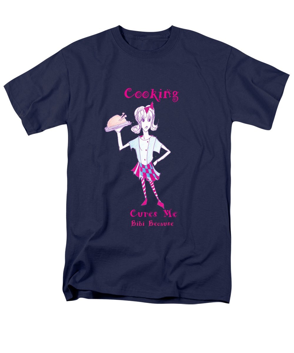 Men's t-shirt featuring the slogan 'Cooking Cures Me Bibi' in a stylish design, made from a cotton-polyester blend.