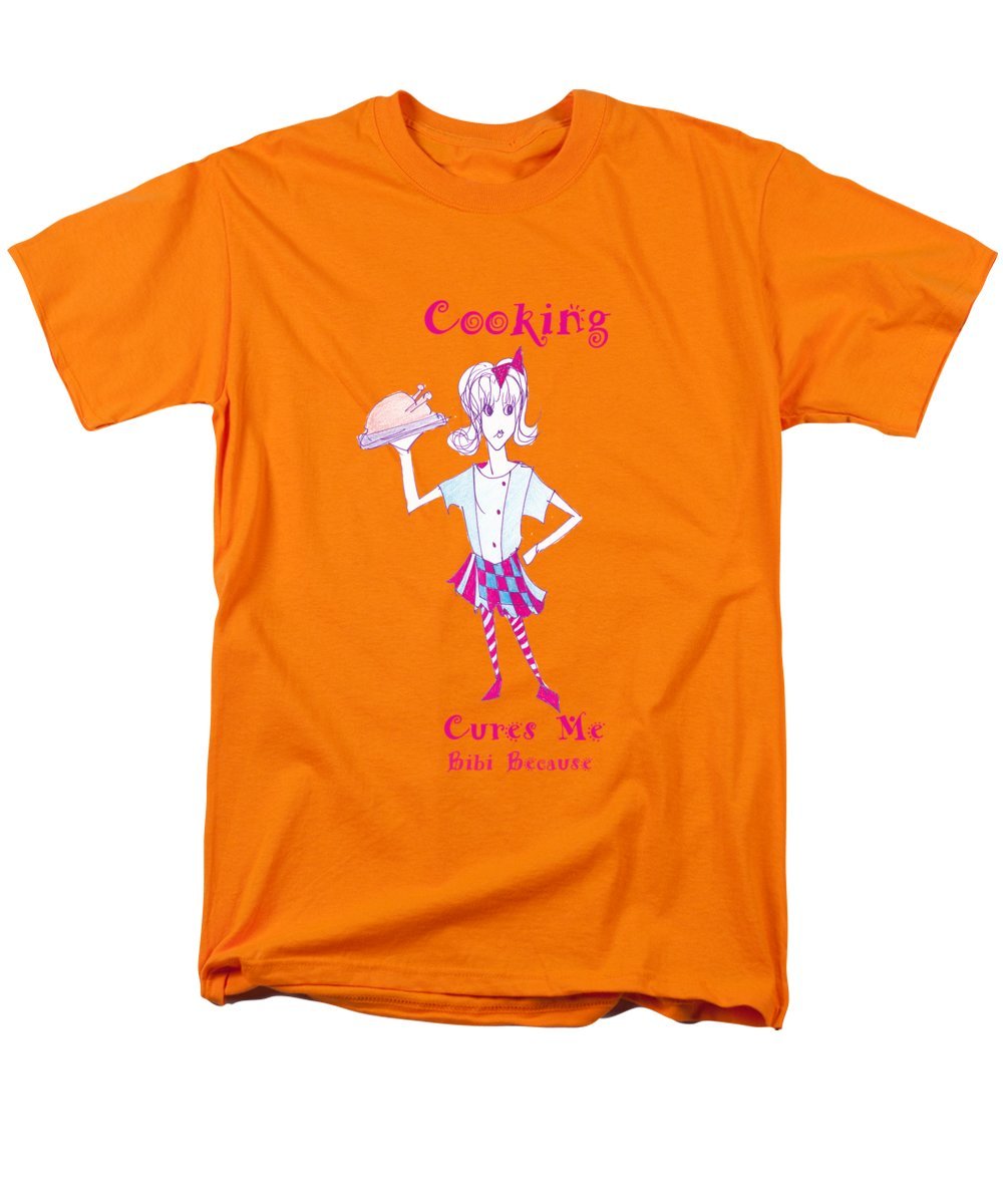 Men's t-shirt featuring the slogan 'Cooking Cures Me Bibi' in a stylish design, made from a cotton-polyester blend.