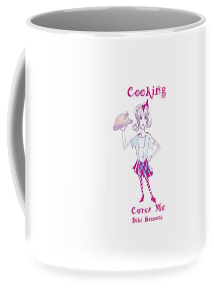 Ceramic Cooking Cures Me Bibi mug in two sizes, showcasing its stylish design and practical features.